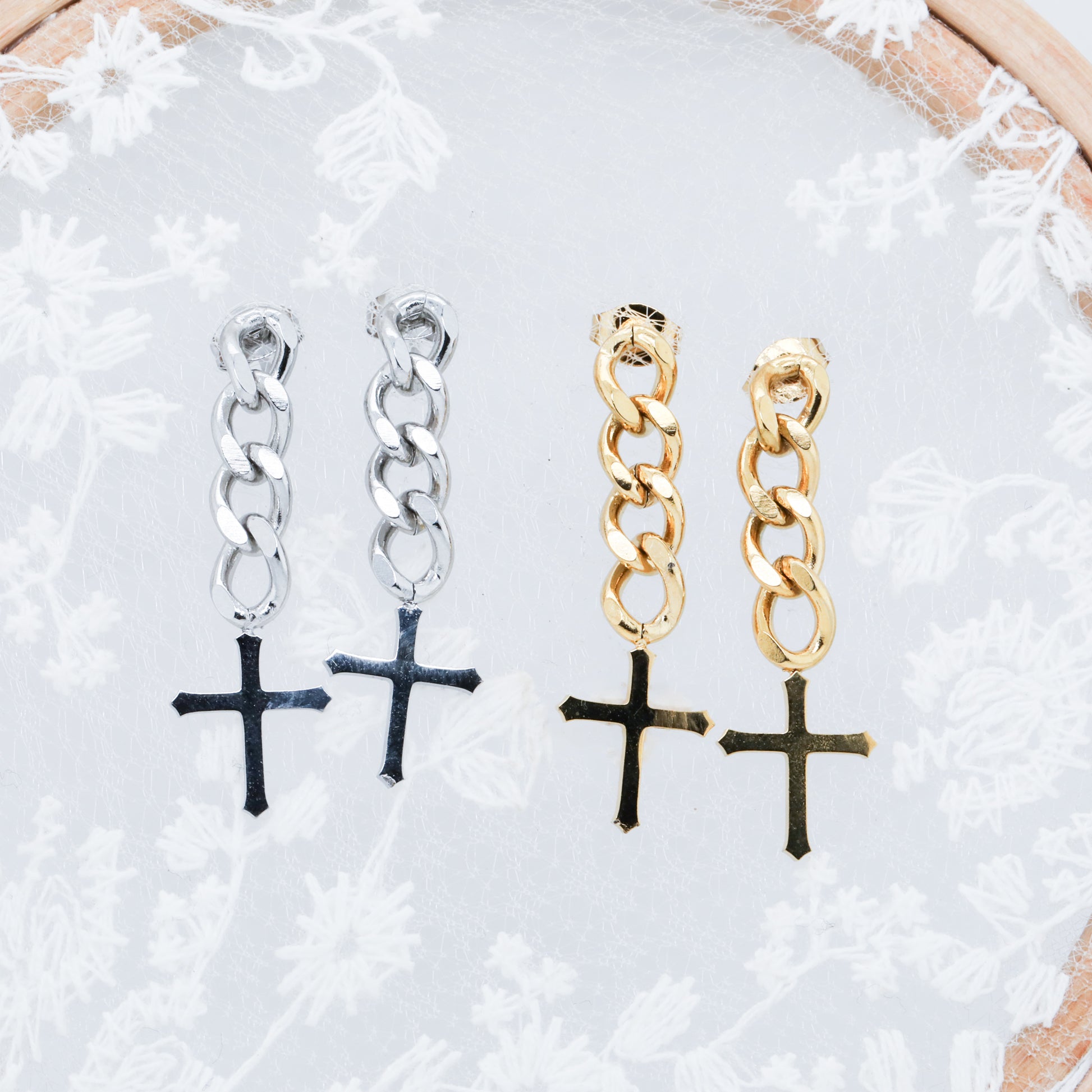 Linked in Faith Cross Earrings (Pair)