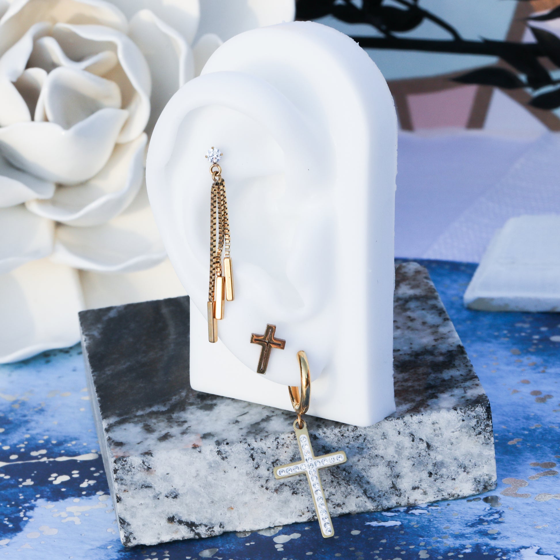 Gold Crystal Cross Set